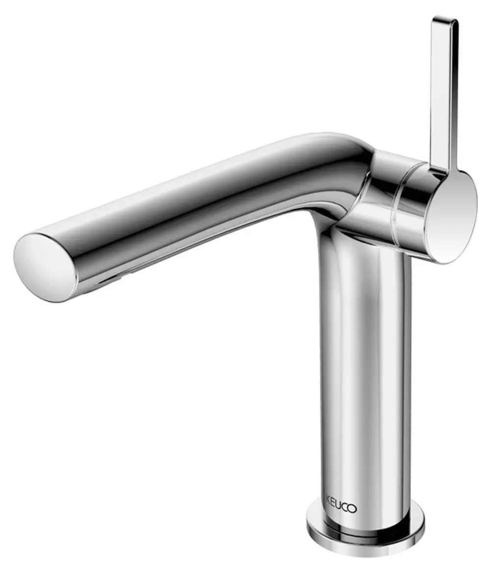 Chromierter Wasserhahn mit einem geraden Auslauf und einem Hebel von Keuco. Die Bauform ist schlicht und modern, geeignet für verschiedene Einrichtungsstile.